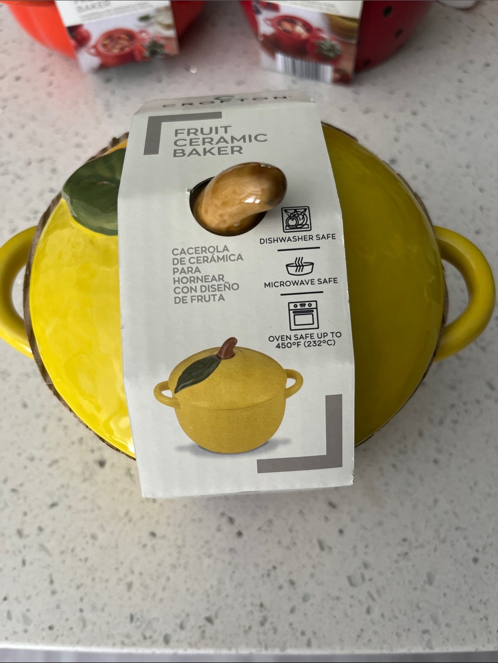 Yellow Lemon Fruit Ceramic Baker with Enameled finish Leaf top NWT